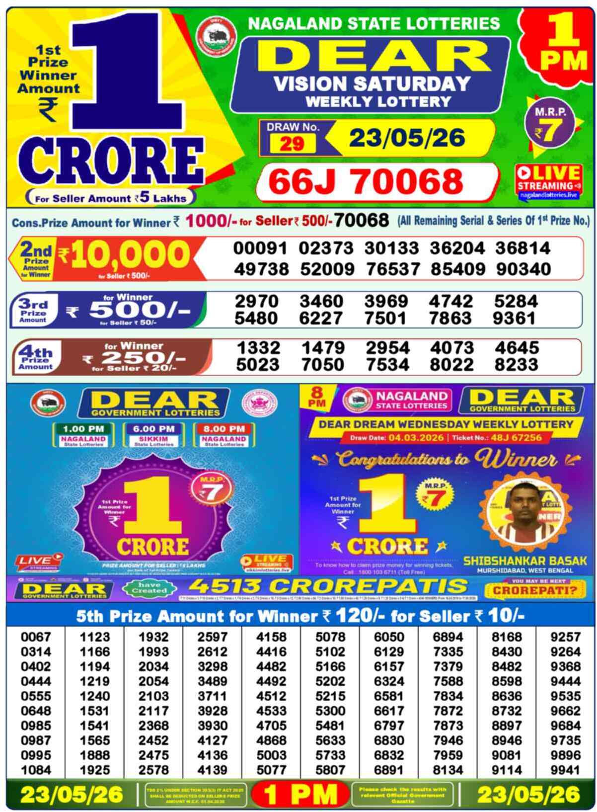 Lottery Sambad 23.05.26 Dear Lottery 1 PM May 23, 2026