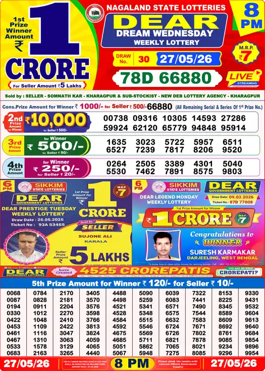 Dear Lottery Result Today 8 PM 27 May 2026